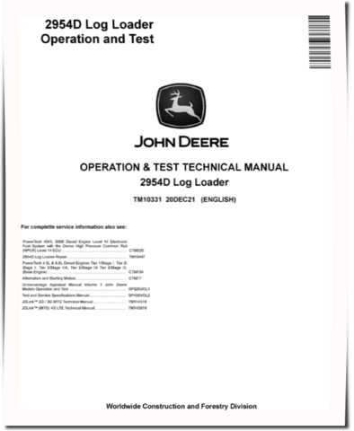 John Deere 2954D Log Loaders Operation and Test Manual (TM10331)