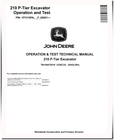 John Deere 210 P-Tier (SN. from F_00001) Crawler Excavators Operation and Test Manual (TM14647X019)