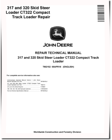 John Deere CT322 Compact Track Loaders, 317 and 320 Skid Steer Loaders Repair Manual (TM2152)