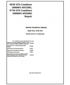 TM1901 - John Deere 9650 STS (-695500) , 9750 STS (-695600) Combines Service Repair Technical Manual