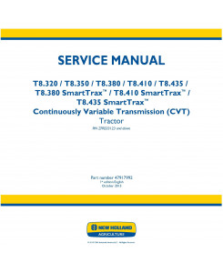 New Holland T8.320, T8.350, T8.380, T8.410, T8.435 and SmartTrax CVT Tractor Service Manual (Europe)