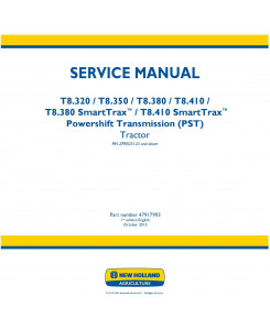 New Holland T8.320, T8.350, T8.380, T8.410 and SmartTrax PST Tier 4B Tractor Service Manual (Europe)