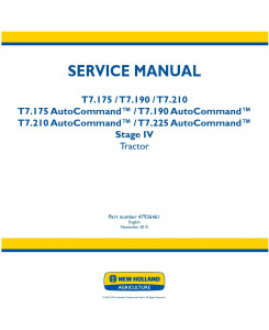New Holland T7.175, T7.190, T7.210, T7.225 Auto Command Stage IV Tractors Service Manual (Europe)