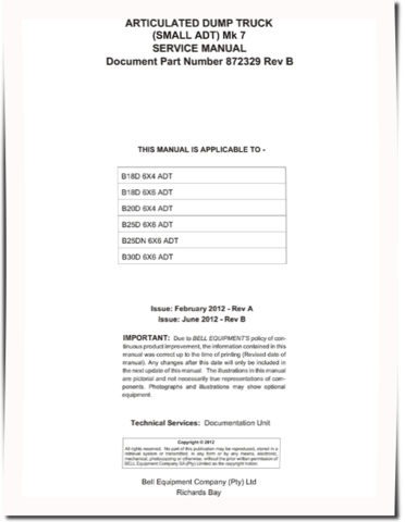 BELL B18D 6X4, B18D 6X6, B20D 6X4, B25D 6X6, B25DN 6X6 and B30D 6X6 MK7 Articulated Dump Trucks Service Manual (872329)