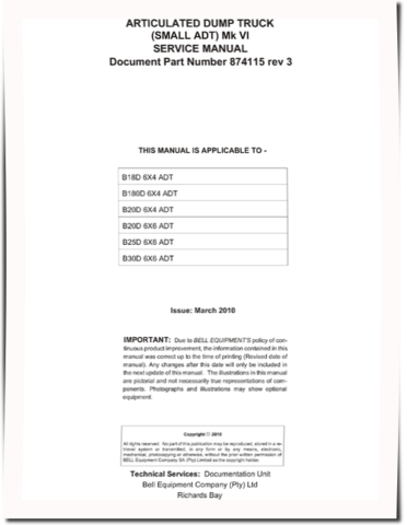 BELL B18D 6X4, B18D 6X6, B20D 6X4, B20D 6X6, B25D 6X6 and B30D 6X6 (MK 6) Articulated Dump Trucks Service Manual (874115)