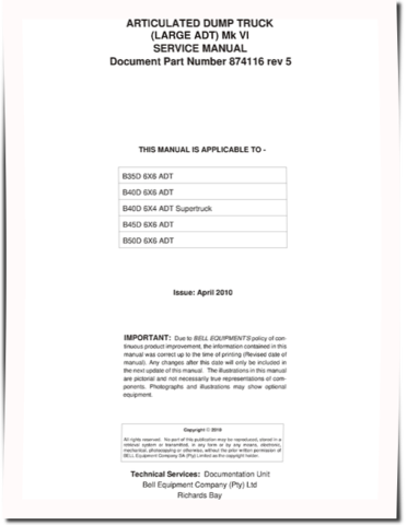 BELL B35D 6X6, B40D 6X4 Supertruck, B40D 6X6, B45D 6X6 and B50D 6X6 (MK 6) Articulated Dump Trucks Service Manual (874116)