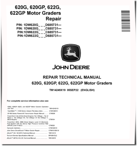 John Deere 620G, 620GP, 622G and 622GP Motor Graders (SN. from C685731, D685731) Repair Manual (TM14249X19)