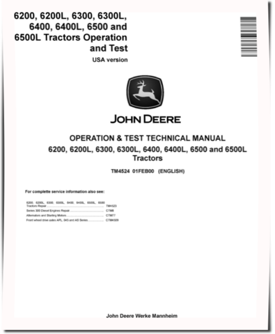 John Deere 6200, 6200L, 6300, 6300L, 6400, 6400L, 6500 and 6500L Tractors (North America) Operation and Test Manual (TM4524)